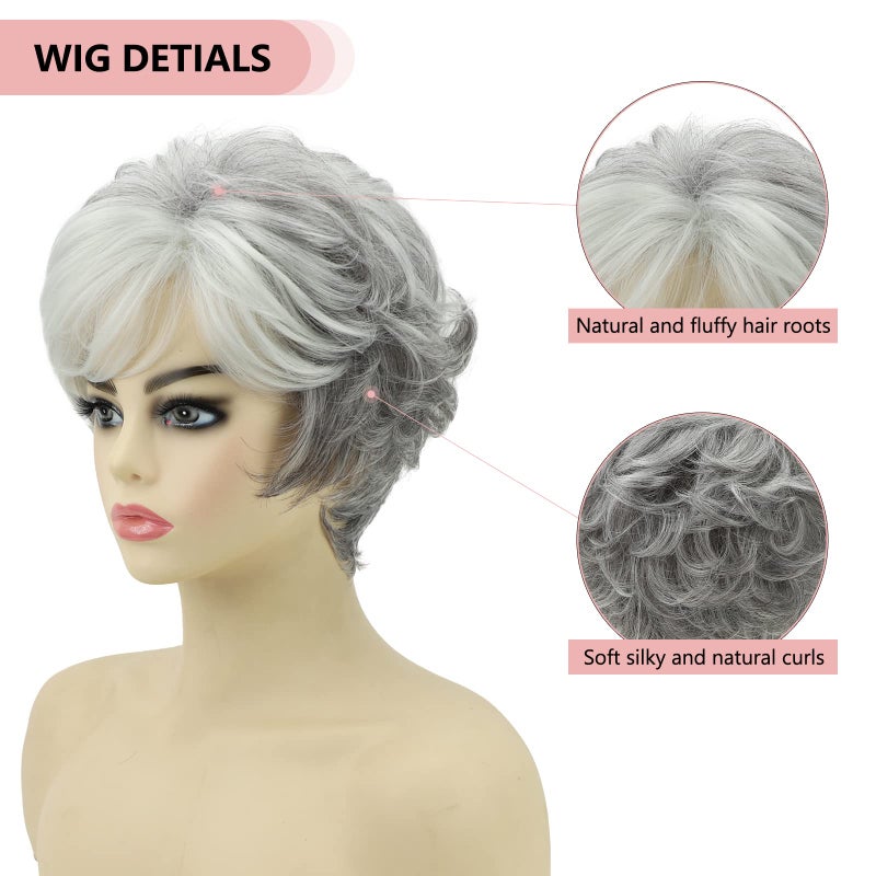 SEVENCOLORS Short Grey Wigs for White Women Pixie Cut Gray Wigs with Bangs Natural Curly Synthetic Hair Short Mixed White Wig for Older Women - Image 3
